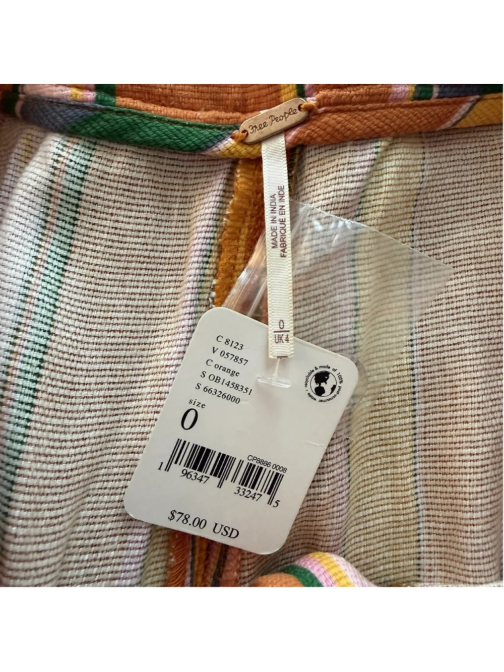 NEW Free People La Paz Organic Cotton Orange Stripe Crop Pants Boho Retro Sz 0